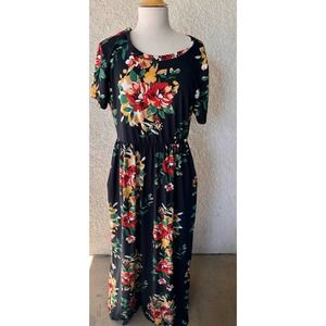 Black Floral CHIFFON MAXI DRESS w/ side pocket- sz 14
